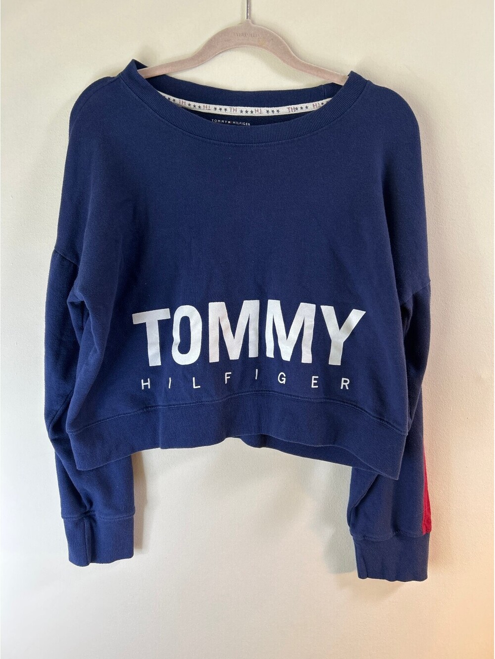 Tommy Hilfiger Women's XL Logo Crop Sweatshirt Blue Crewneck Spell Out